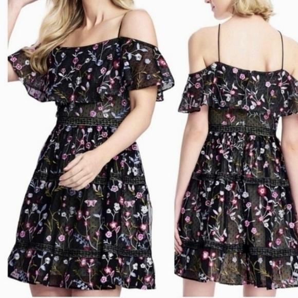 Adrianna Papell Dresses & Skirts - ADRIANNA PAPELL Black Floral Embroidered Tiered Fit Off-the-Shoulder Dress NEW 6